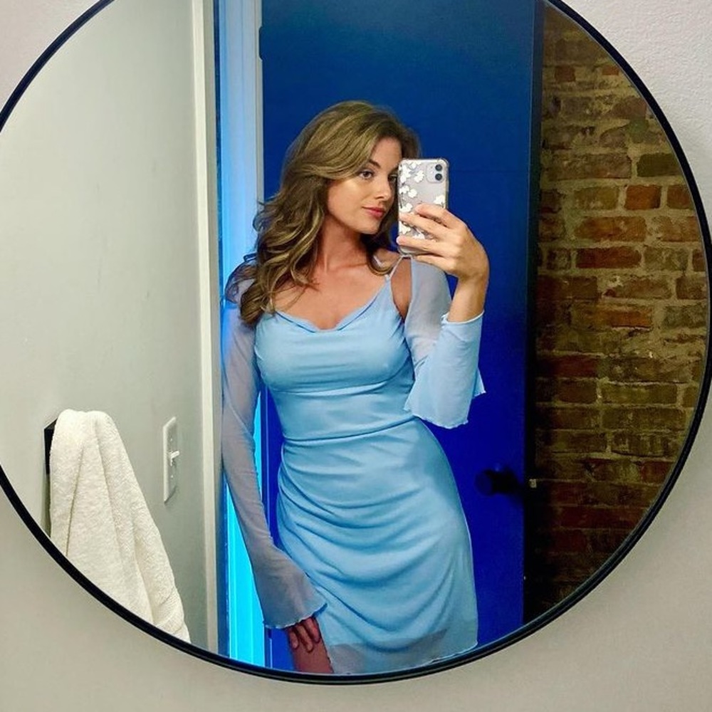 Parthea Draped Front Flounce Sleeve Ruched Side Split Hem Mesh Dress - Blue